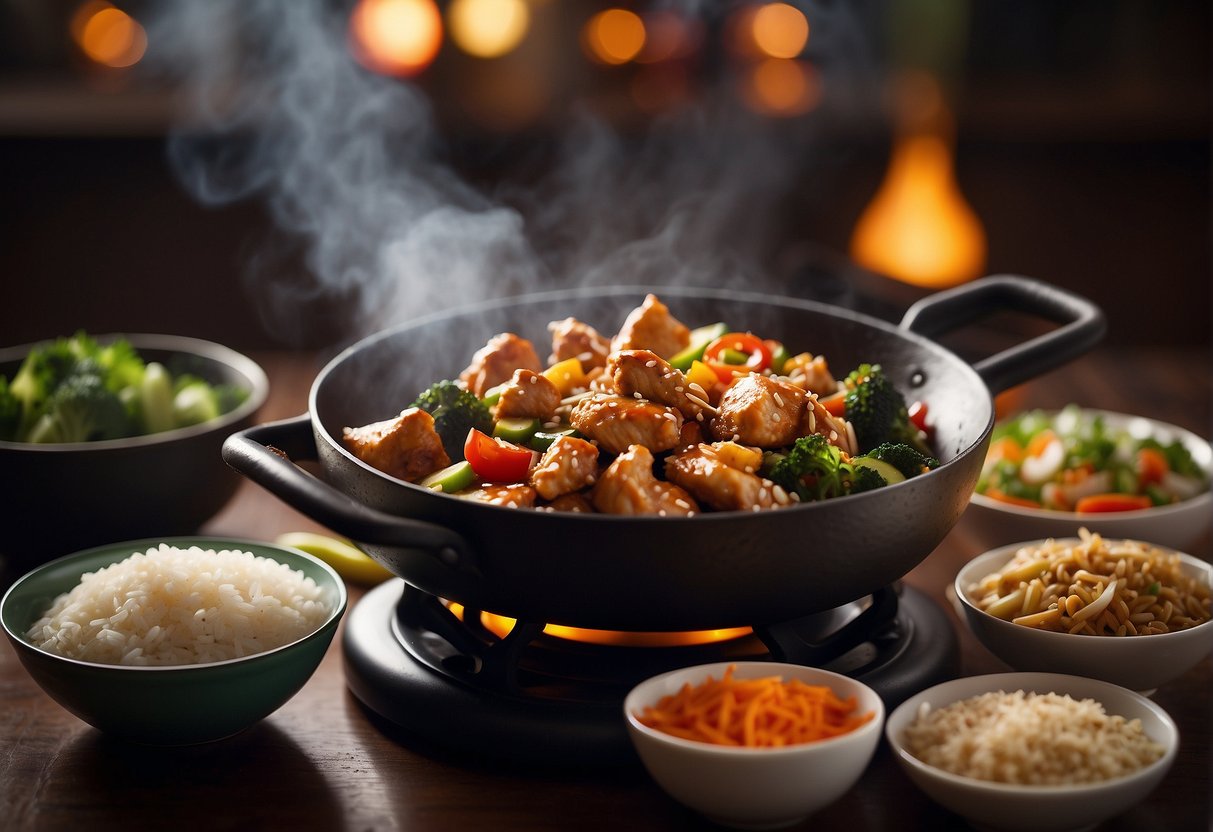 A sizzling wok with Chinese sesame chicken stir-fry, surrounded by colorful ingredients and a steaming pot of rice