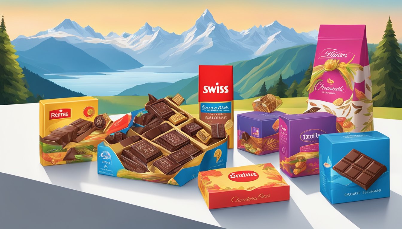 A table adorned with various Swiss chocolate brands, wrapped in colorful packaging, with mountains in the background