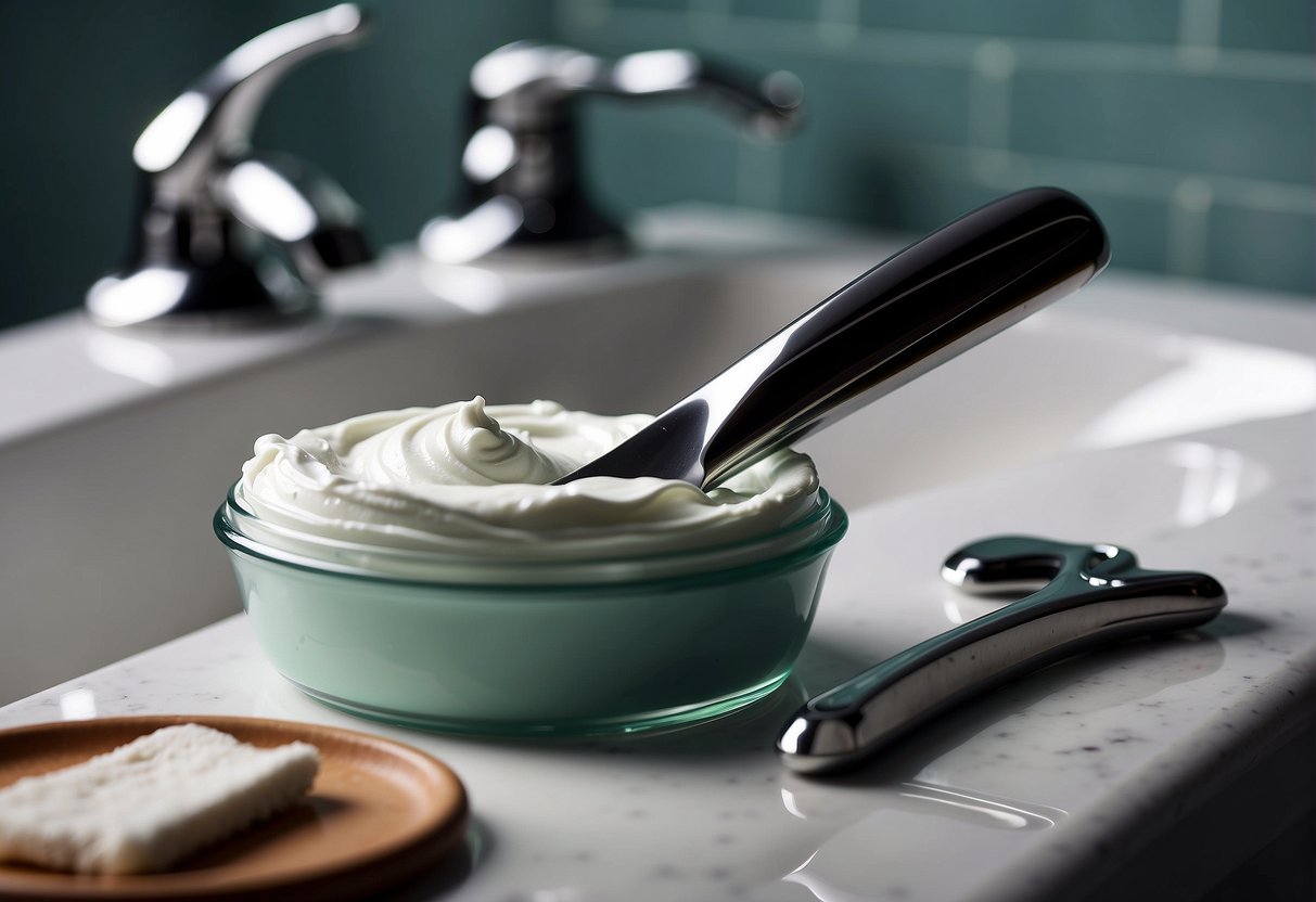A razor and shaving cream on a bathroom counter