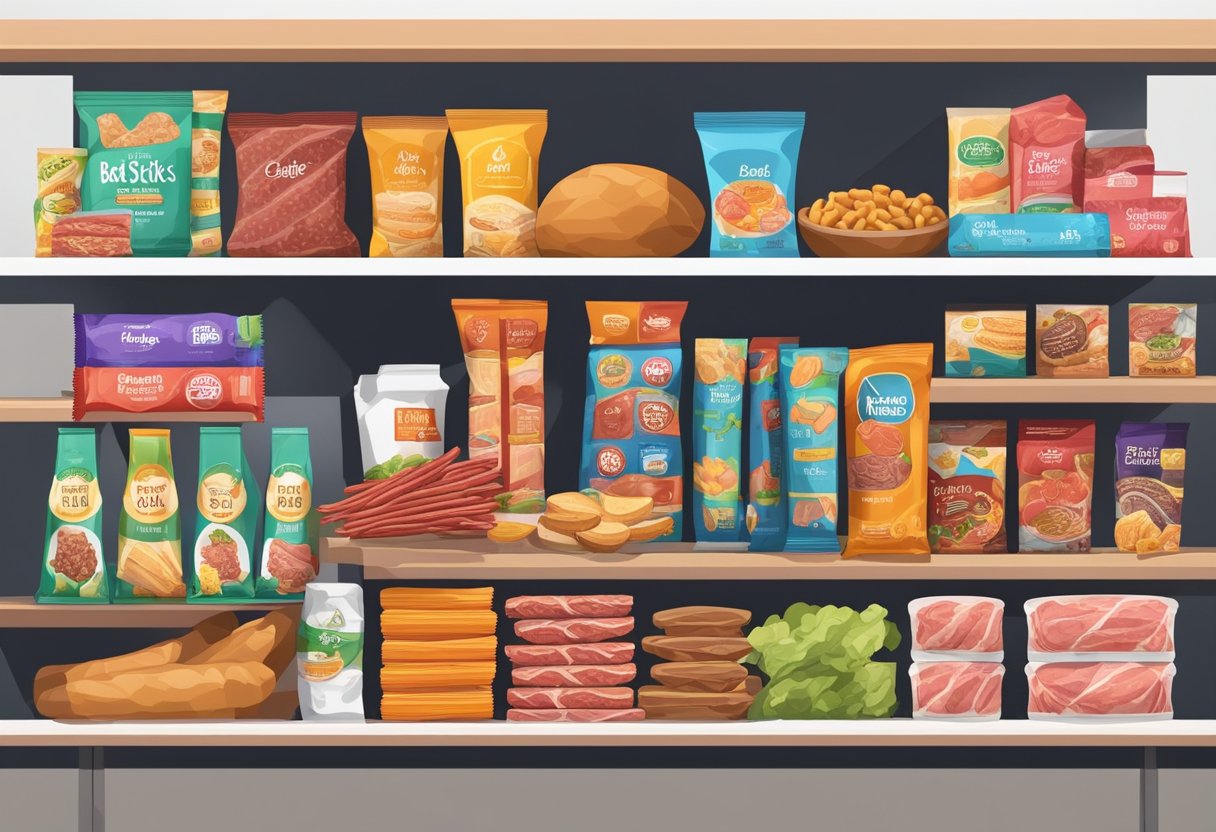 A package of meat sticks sits on a shelf, surrounded by a variety of other snacks and food items