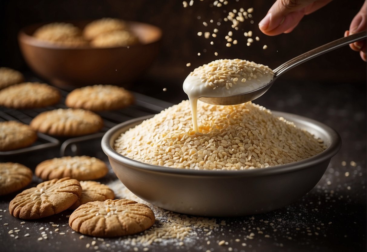 A mixing bowl filled with flour, sugar, and sesame seeds. A hand pouring in oil and stirring the ingredients. A tray of golden-brown cookies cooling on a wire rack