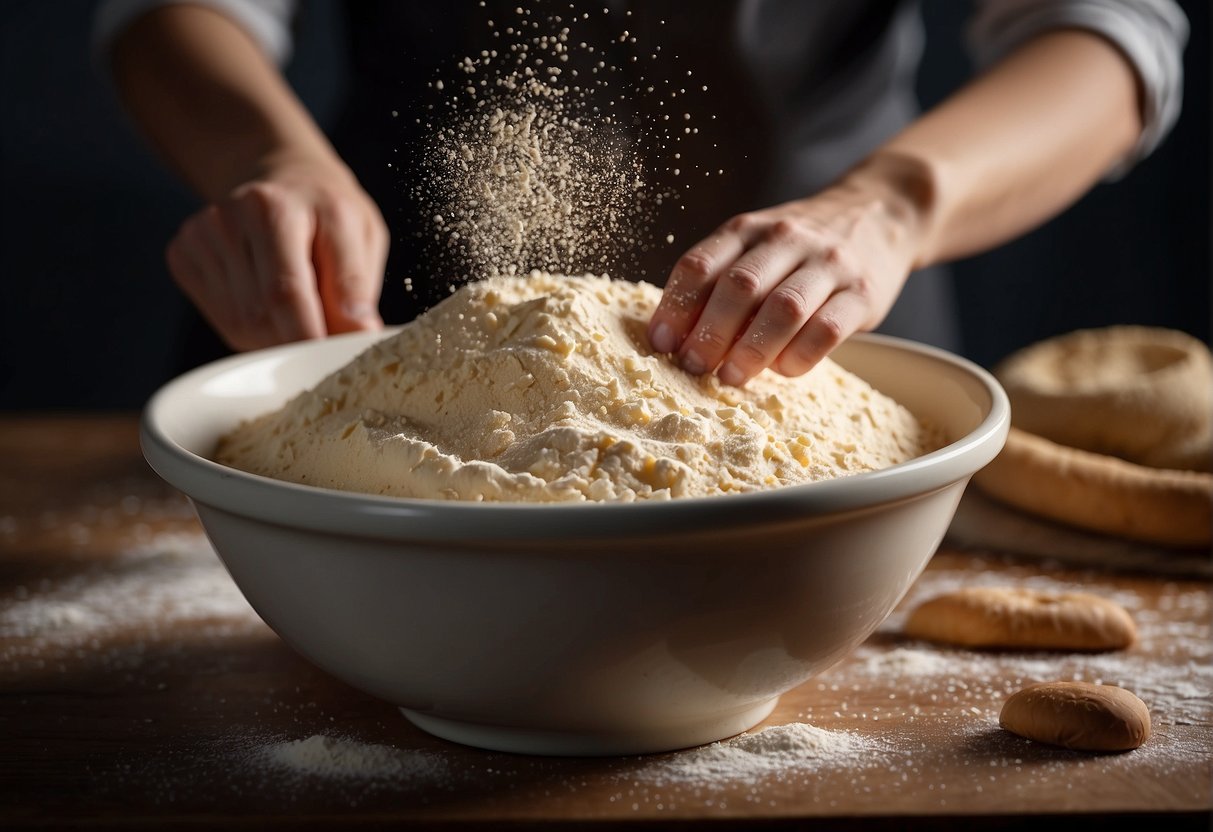 A pair of hands mixes flour, sugar, and sesame oil in a large bowl. A mound of dough forms as the ingredients combine