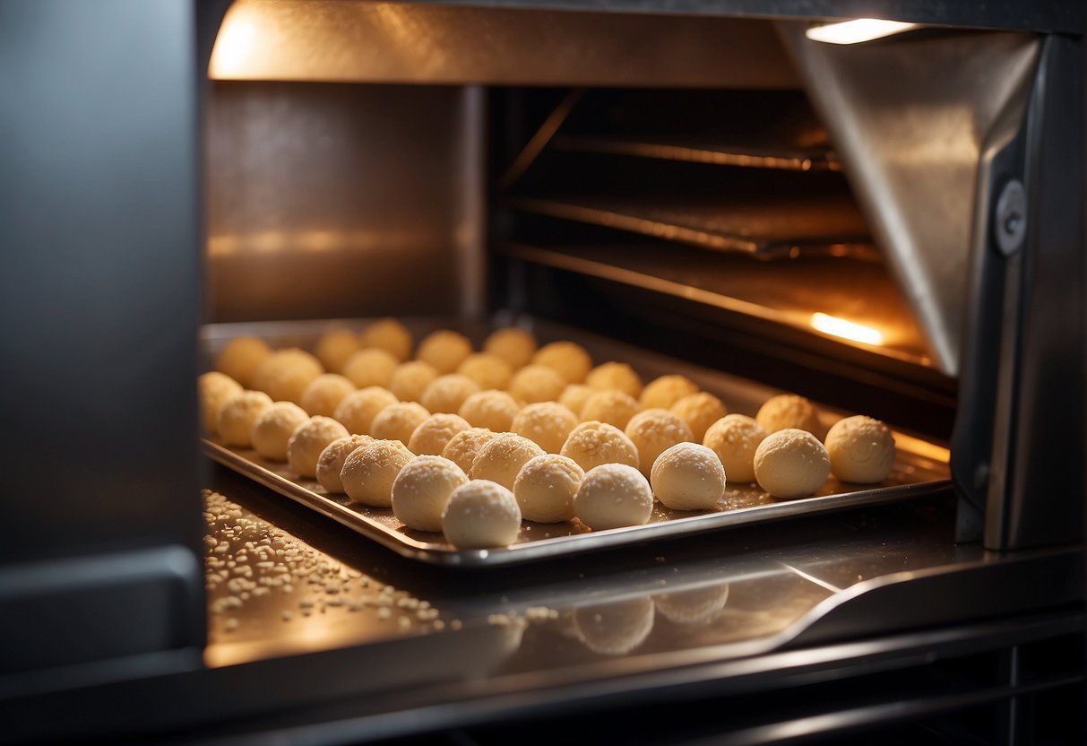 A hand mixing dough, rolling into balls, pressing with sesame seeds, and baking on a tray in the oven