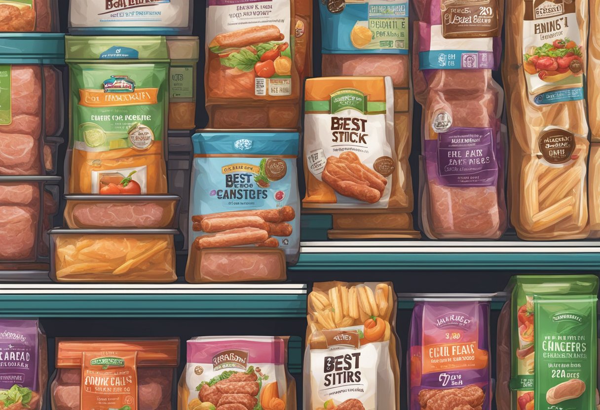 A pack of meat sticks sits on a pantry shelf, with a "best by" date clearly visible on the packaging. The surrounding shelves are stocked with various other food items