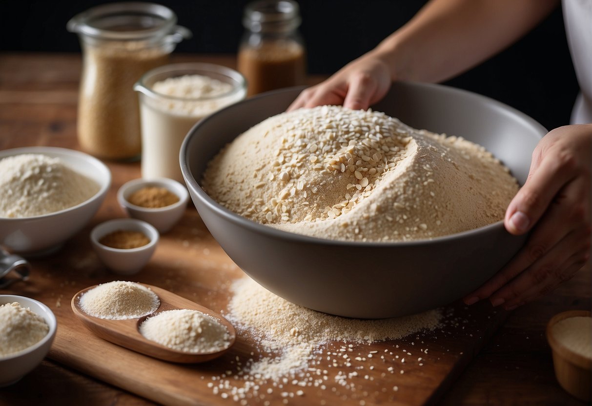 A mixing bowl filled with flour, sugar, and sesame seeds. A pair of hands mixing the ingredients together to form a dough. A tray of shaped cookie dough ready for baking