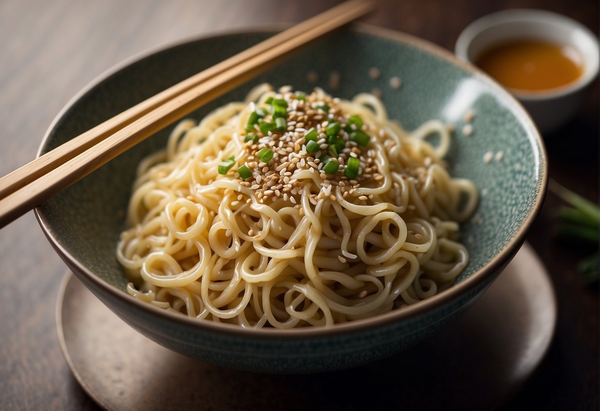 A pair of chopsticks twirls a tangle of glistening sesame-coated noodles in a porcelain bowl, garnished with sliced scallions and a sprinkle of sesame seeds