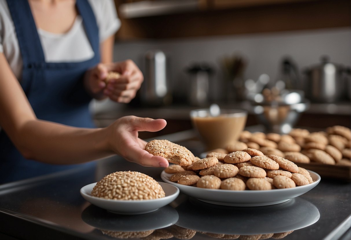 A hand reaches for a jar of sesame seeds while a mixing bowl sits on the counter. A tray of freshly baked Chinese sesame cookies cools nearby