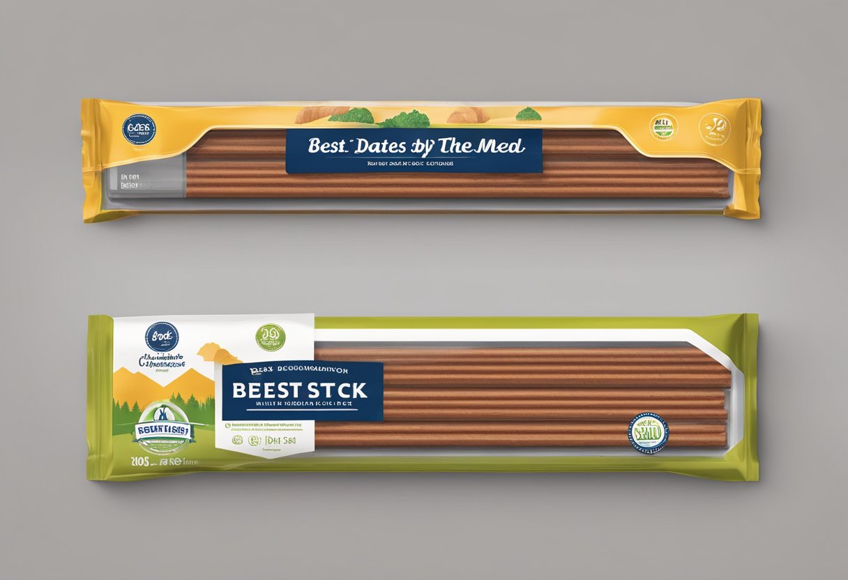 A pack of meat sticks sits on a shelf, with a "best by" date visible. The packaging is intact, and the sticks appear fresh and unspoiled