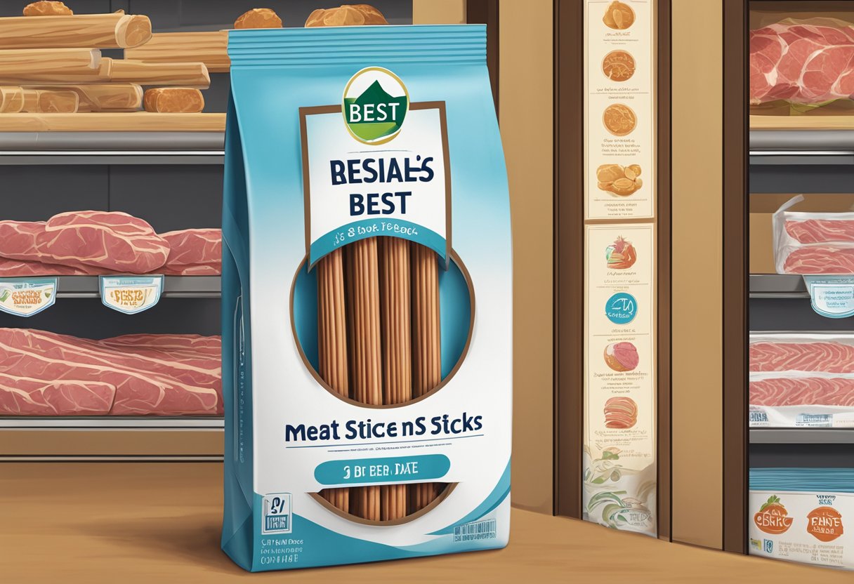 A sealed package of meat sticks sits on a shelf next to a "best by" date