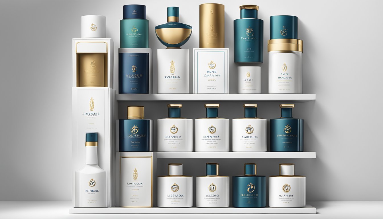 A display of top luxury brands, featuring elegant logos and sleek packaging, arranged on a pristine white backdrop