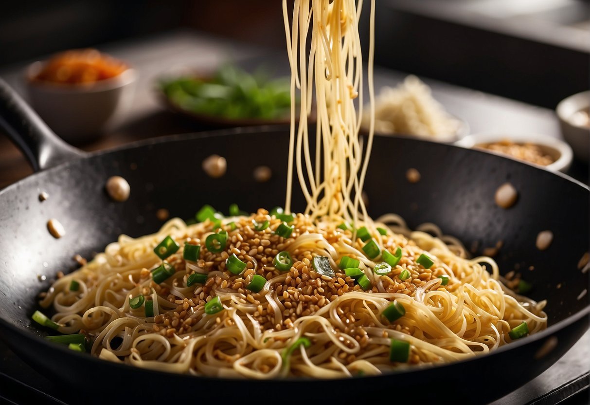 A wok sizzles with sesame oil, soy sauce, and garlic. Noodles are tossed in, along with green onions and sesame seeds