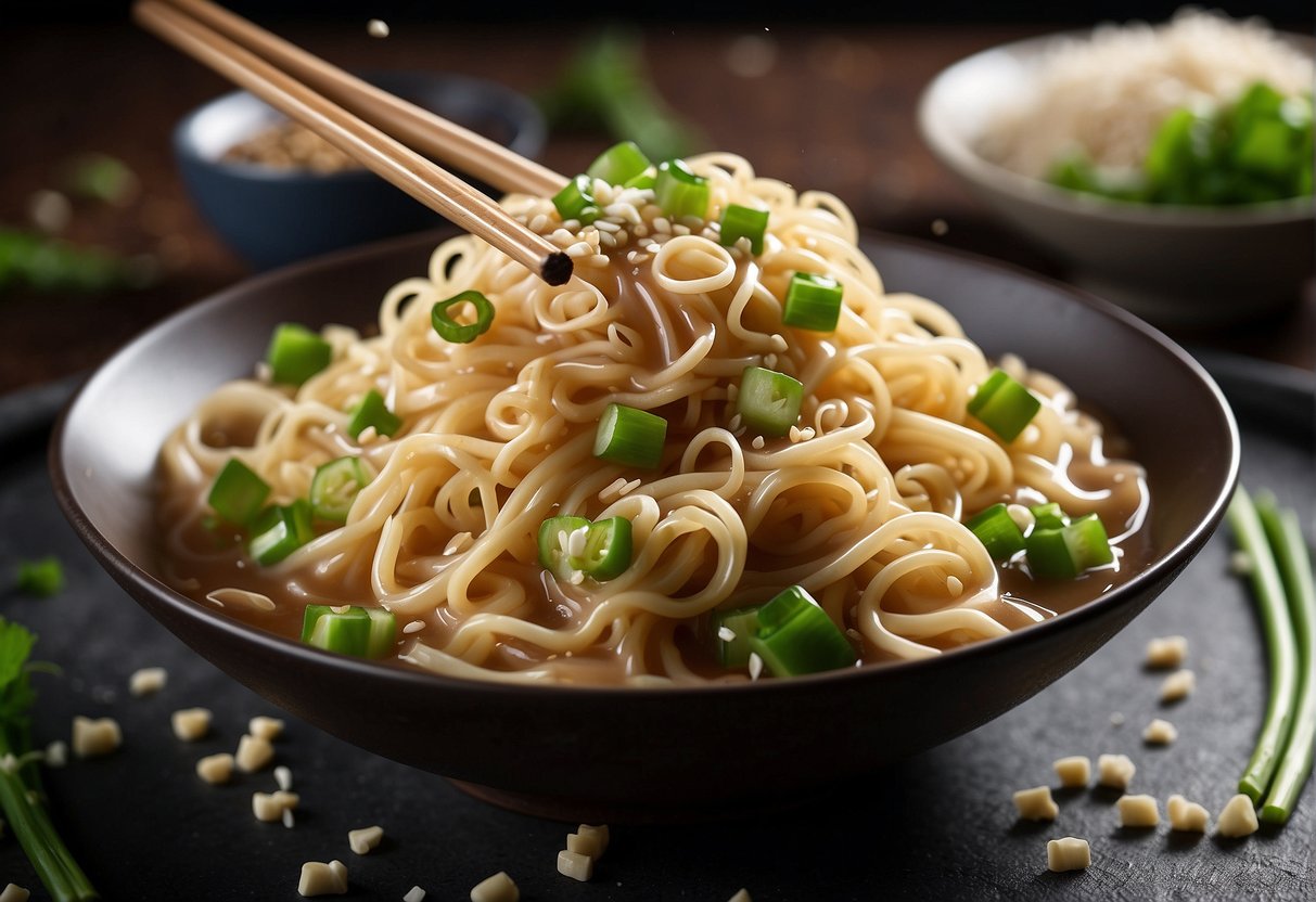 A pair of chopsticks tosses steaming noodles in a fragrant sesame sauce, garnished with green onions and sesame seeds