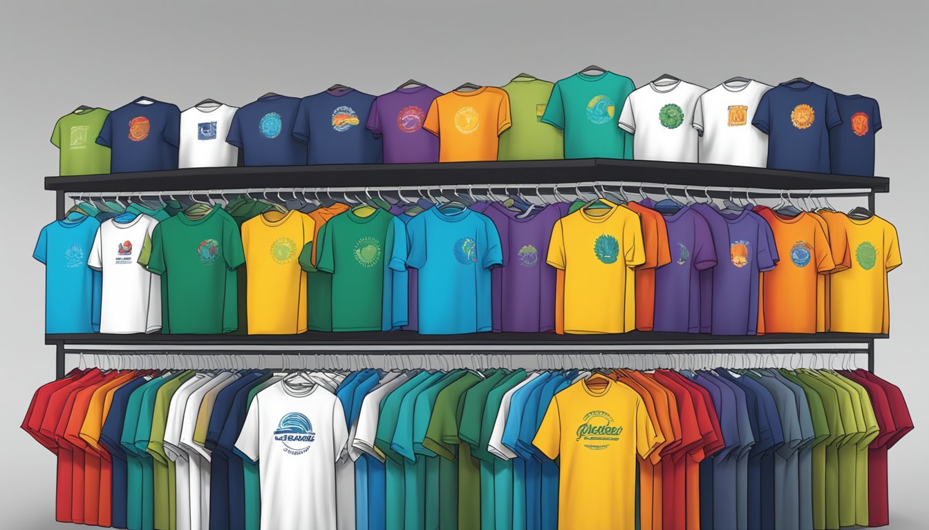 A colorful array of branded t-shirts arranged in a neat display, with the logo prominently featured on each shirt