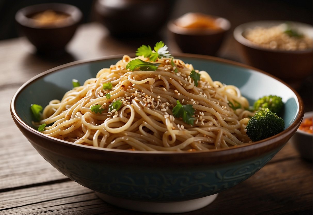 A bowl of Chinese sesame noodles, with a drizzle of savory sauce and a sprinkle of sesame seeds, sits on a wooden table