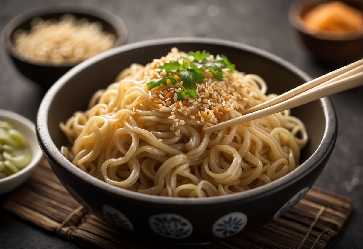 A pair of chopsticks garnishing sesame noodles in a bowl, ready to be served