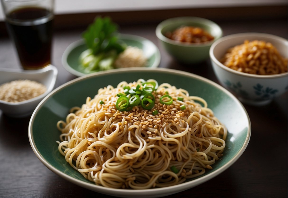 A bowl of Chinese sesame noodles with a side of soy sauce, sesame seeds, and green onions. Nutritional information listed next to the dish