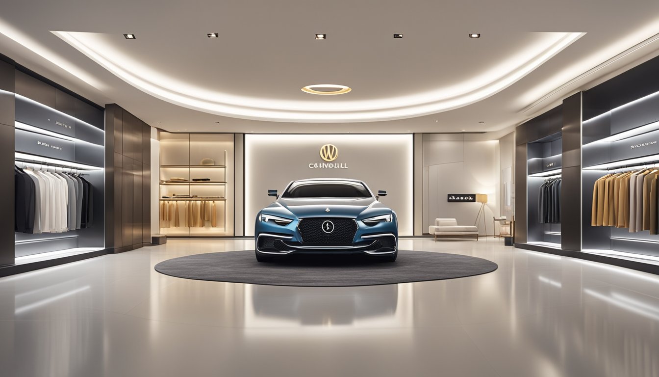Luxury brand logos and sleek designs displayed in a modern showroom