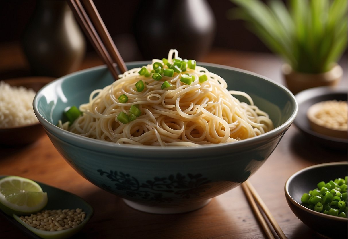 A steaming bowl of Chinese sesame noodles, garnished with green onions and sesame seeds, sits on a wooden table next to a pair of chopsticks