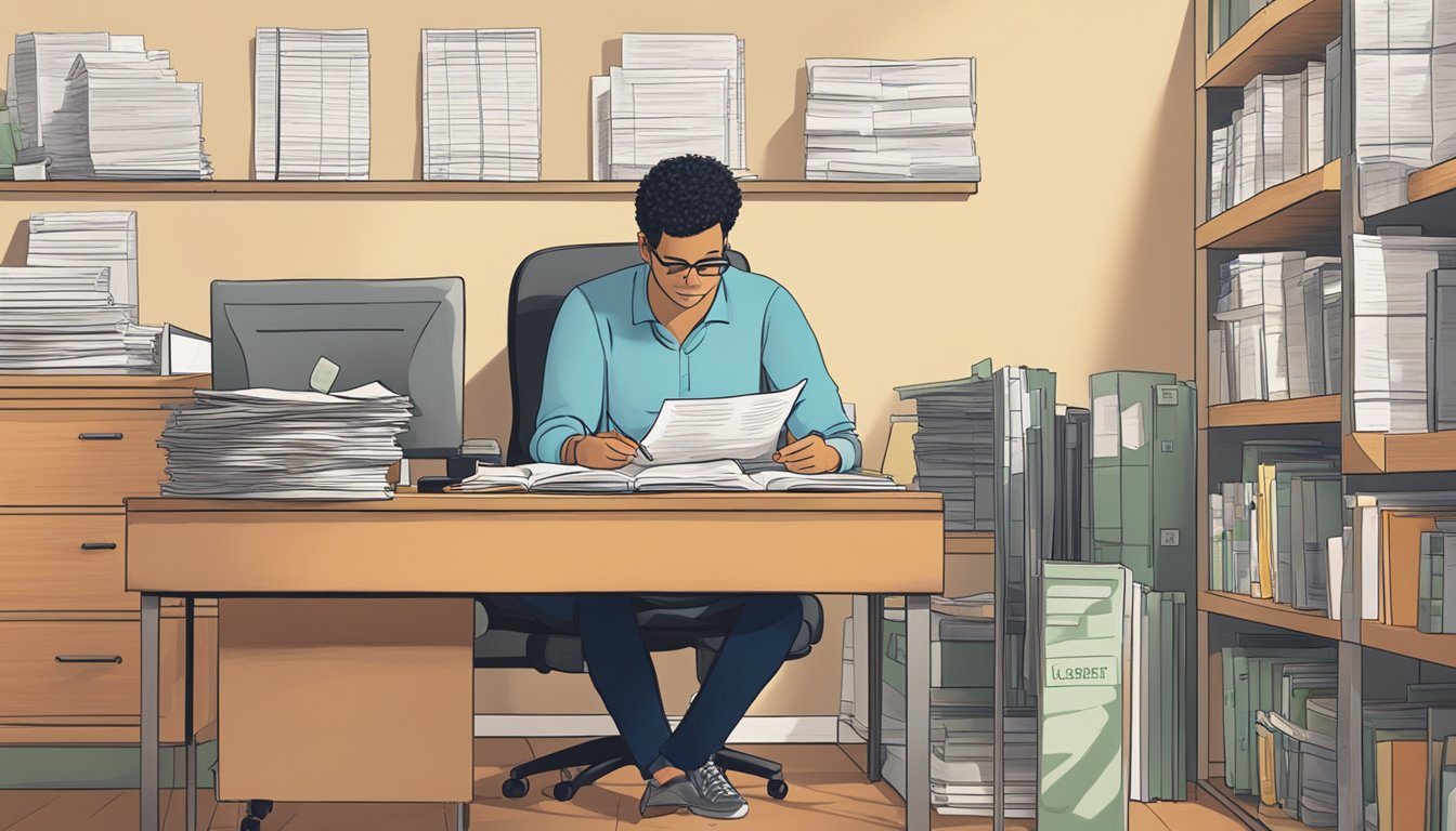 A person sitting at a desk, filling out paperwork and reading through legal documents. A sign on the wall reads "Licensed Moneylender" in bold letters