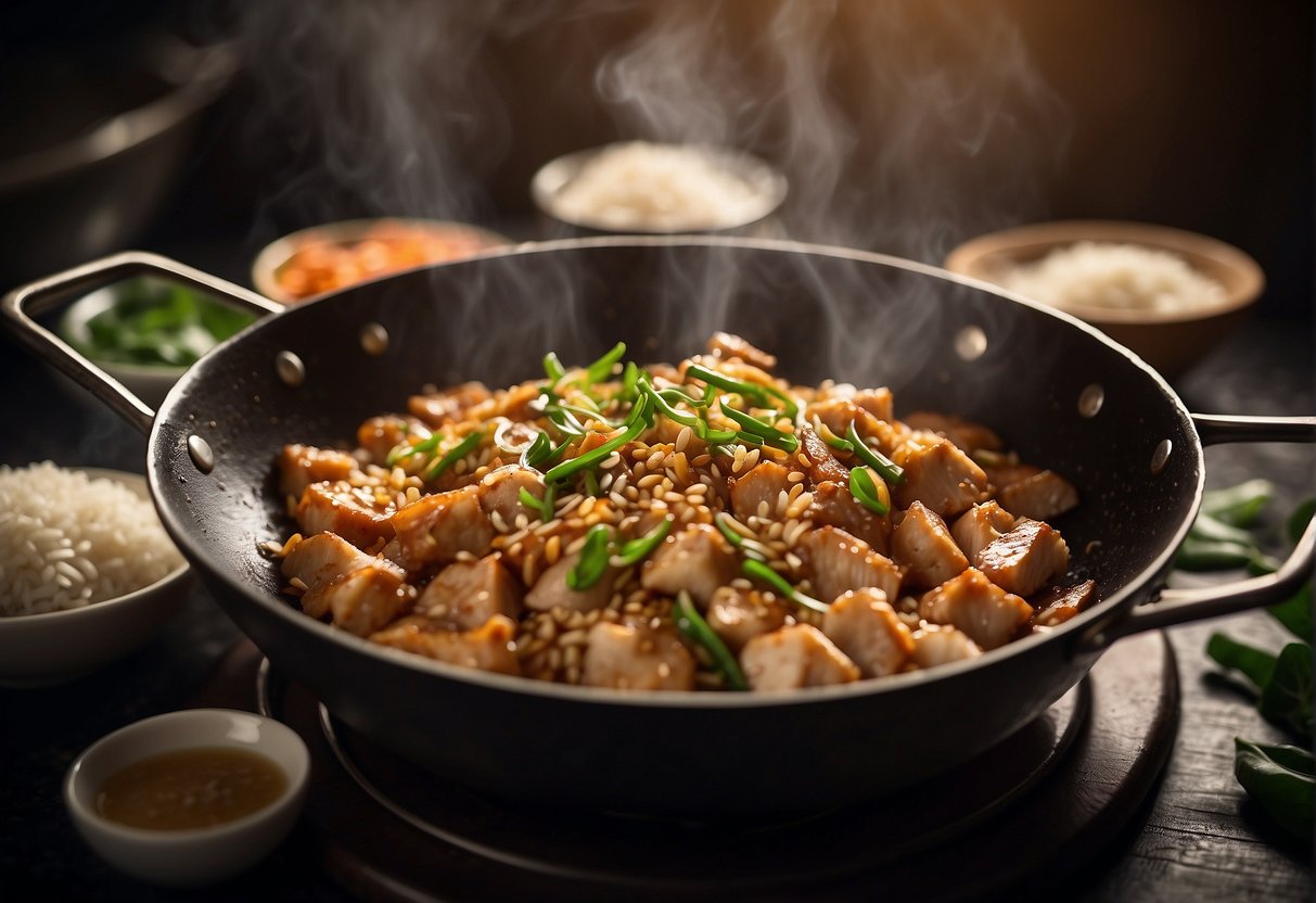 A wok sizzles with diced chicken, ginger, and garlic in fragrant sesame oil, while soy sauce and rice wine simmer nearby