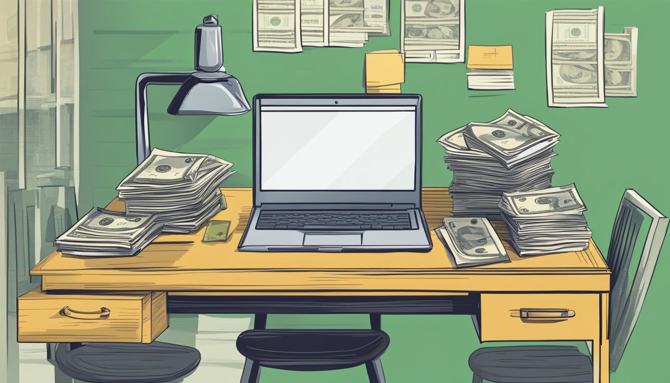 A desk with a laptop, paperwork, and a stack of money. A sign with "Reputable Lenders" on the wall