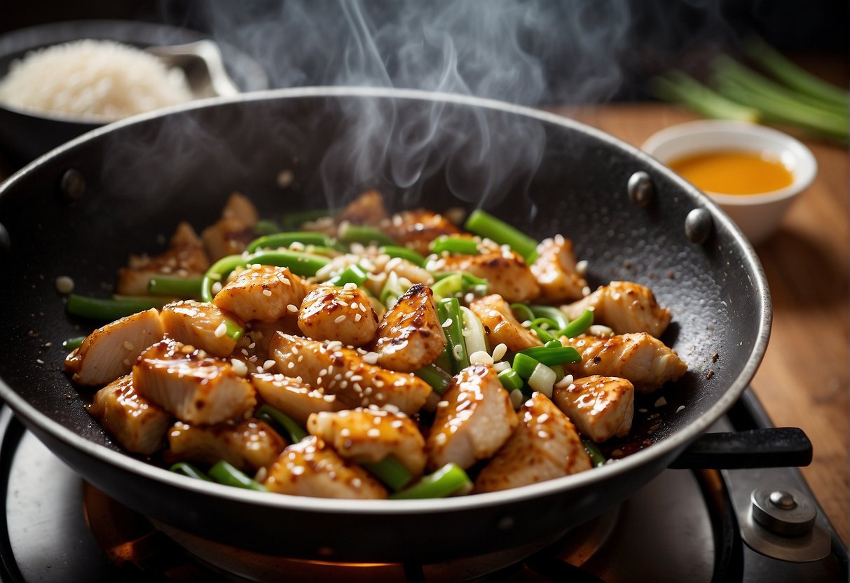 A wok sizzles as chicken cooks in sesame oil, ginger, and soy sauce. Garlic and green onions add fragrance to the air