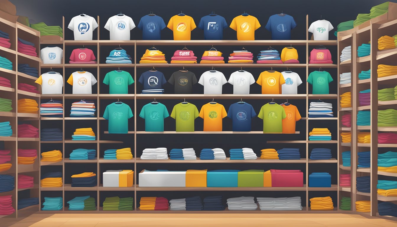A display of FAQ branded t-shirts arranged neatly on shelves