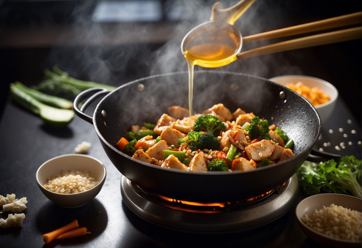 A wok sizzles with diced chicken, ginger, and garlic in a pool of fragrant sesame oil, as soy sauce and sugar are added for a glossy finish