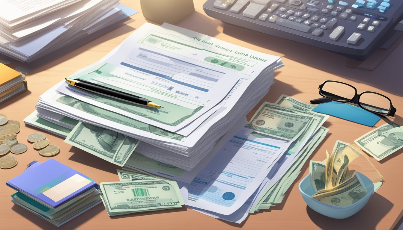 A stack of financial documents and a money lending license displayed on a desk, with various alternative financial products scattered around