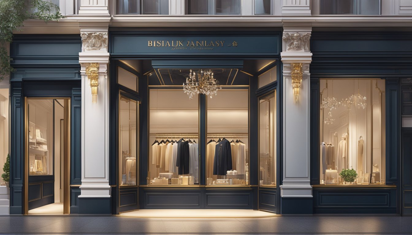 A lavish boutique displaying high-end luxury brands with elegant storefronts and opulent window displays
