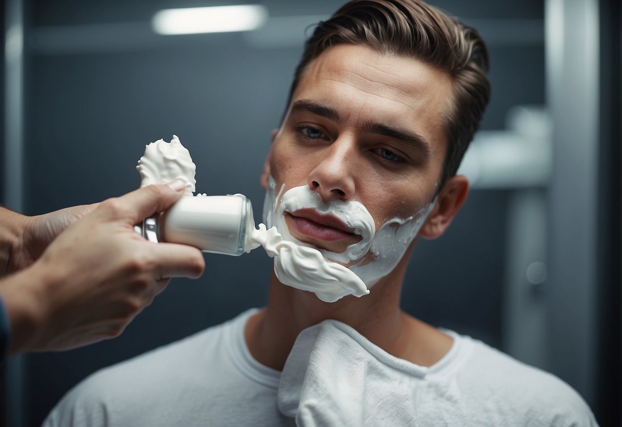 A person applying shaving cream to pubic area, with a look of discomfort on their face