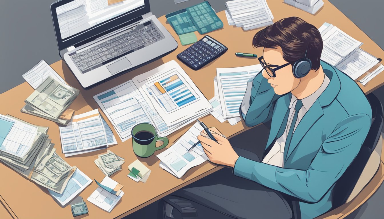 A person sitting at a desk, surrounded by financial documents and a calculator, with a thoughtful expression while planning and managing their personal finances