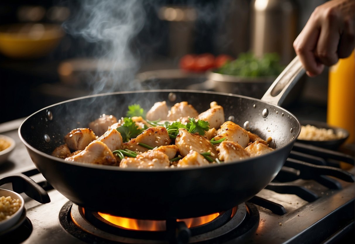 Chicken pieces sizzling in a hot wok with sesame oil, garlic, and ginger. Steam rising, aroma filling the kitchen. Ingredients nearby