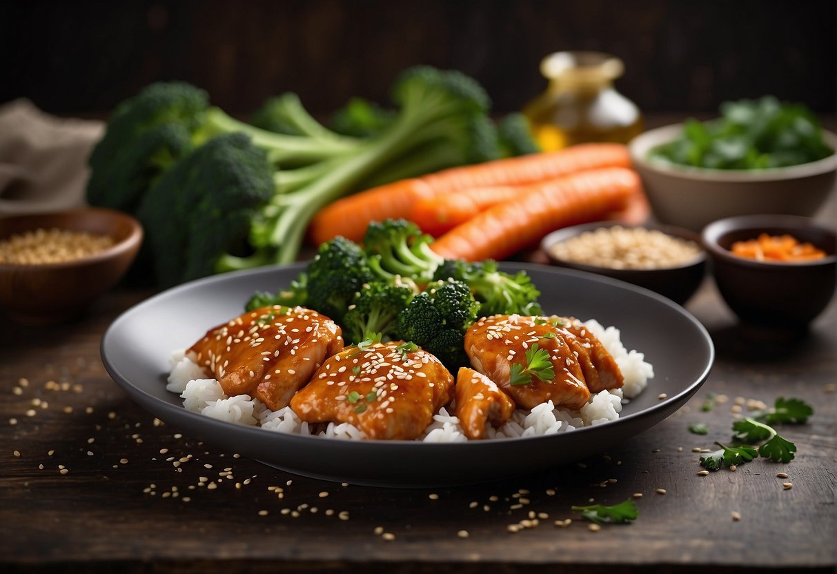 A steaming plate of Chinese sesame oil chicken with vibrant green broccoli and carrots, garnished with sesame seeds and fresh cilantro