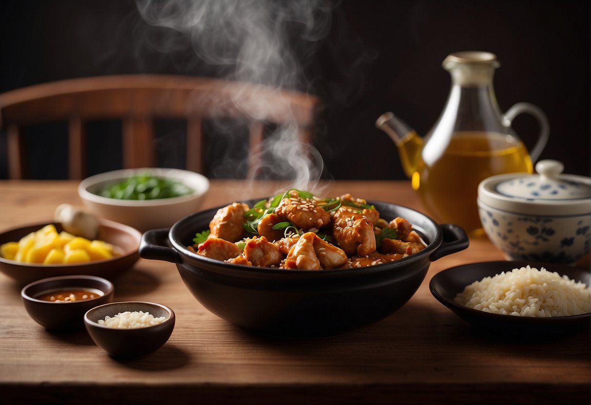 A steaming pot of Chinese sesame oil chicken sits on a traditional dining table, surrounded by various condiments and utensils