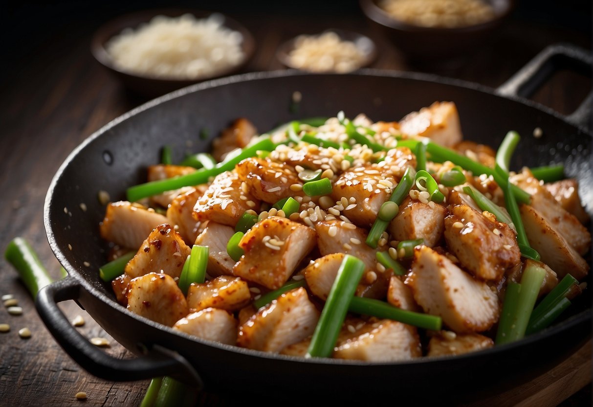 A wok sizzles with diced chicken, garlic, and ginger in a fragrant sesame oil sauce. Green onions and sesame seeds garnish the dish