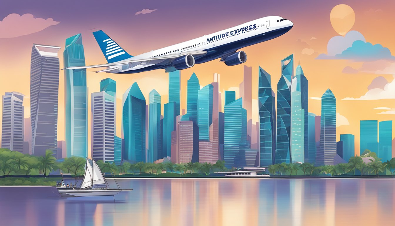 A DBS Altitude American Express card held against a backdrop of iconic Singapore landmarks, with a plane flying overhead