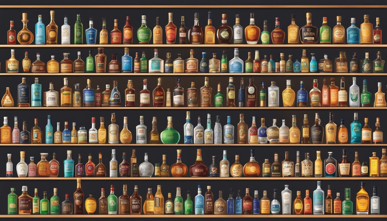 Various alcohol brands displayed on a well-stocked bar shelf. Bottles of whiskey, vodka, rum, tequila, and gin are neatly arranged with colorful labels