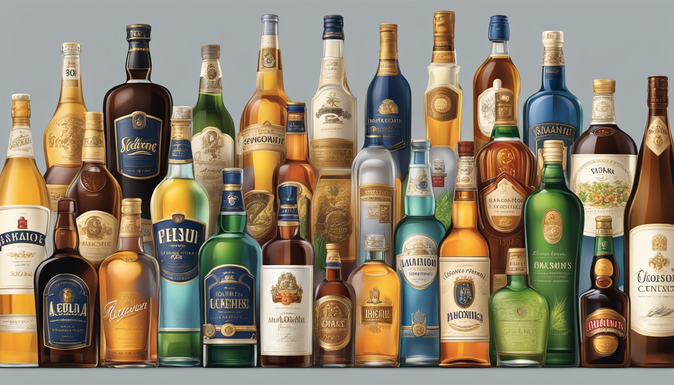 A display of various alcohol brands from different cultures and time periods, showcasing the rich history and diversity of alcoholic beverages