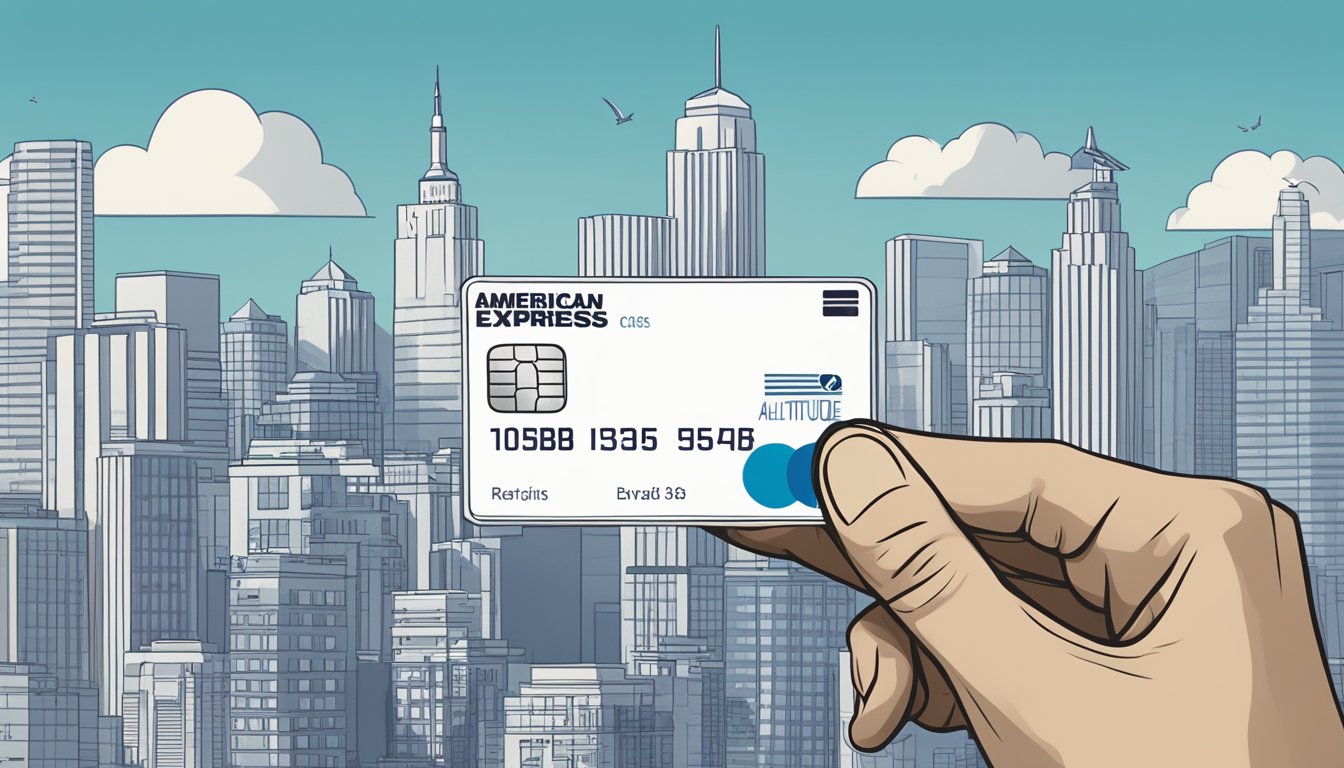 A hand holding a DBS Altitude American Express Card with a city skyline in the background, symbolizing travel rewards and benefits
