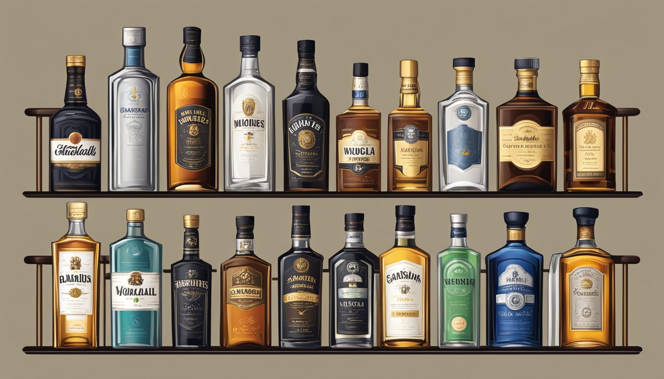 Various alcohol bottles arranged on a bar shelf, including whiskey, vodka, rum, tequila, and gin. Brand labels are visible