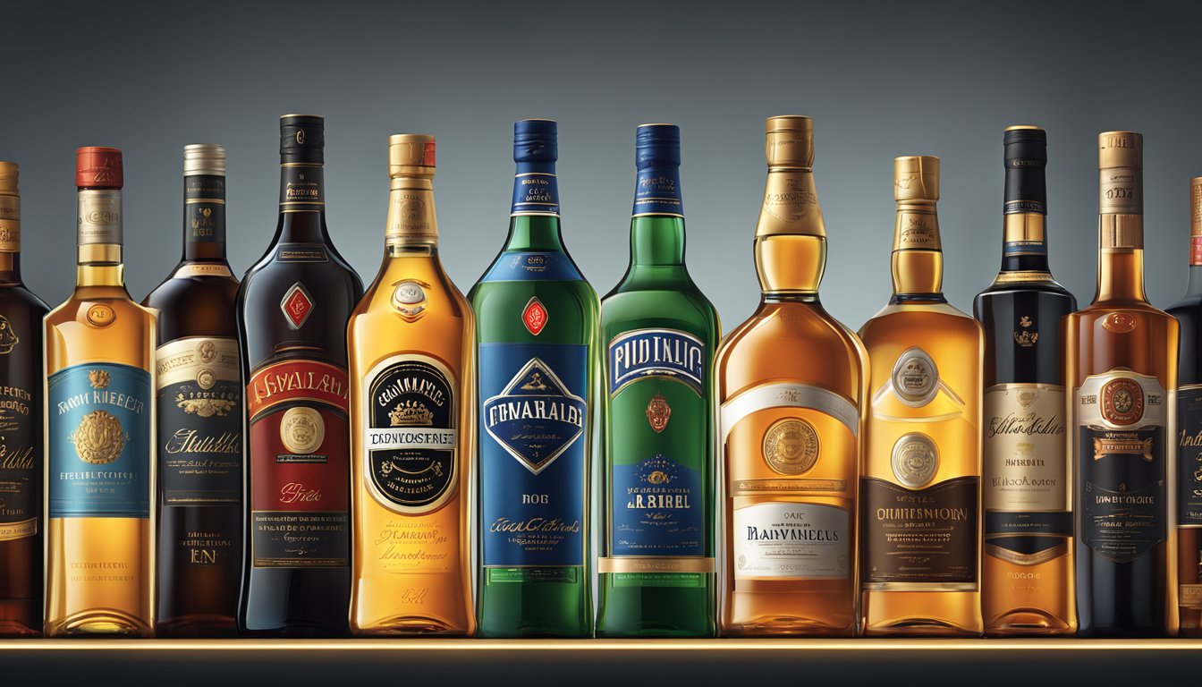 A row of iconic alcohol brand bottles displayed on a sleek, backlit shelf. Each bottle features distinctive labeling and stands out against the dark background