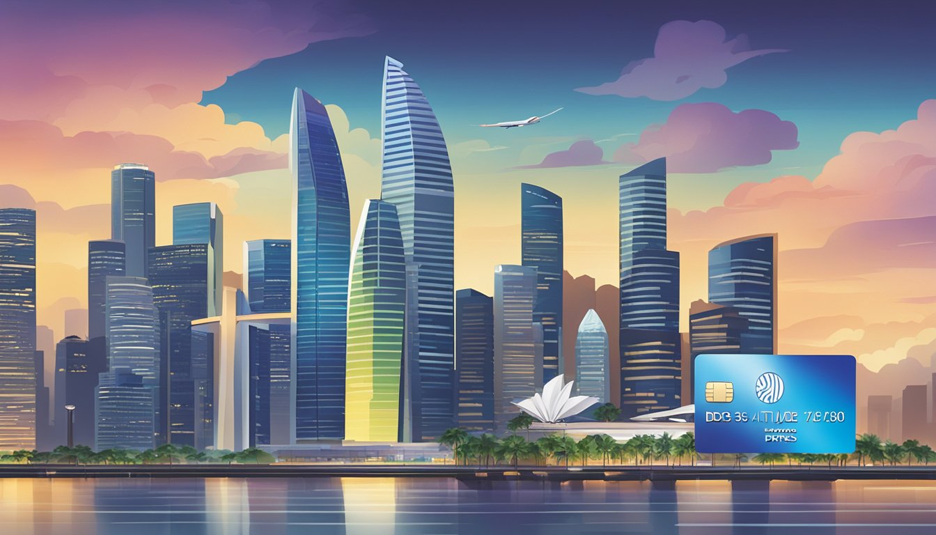 A DBS Altitude American Express Card stands out among other miles cards in Singapore. The card shines brightly, with a sleek and modern design, against a backdrop of iconic Singapore landmarks
