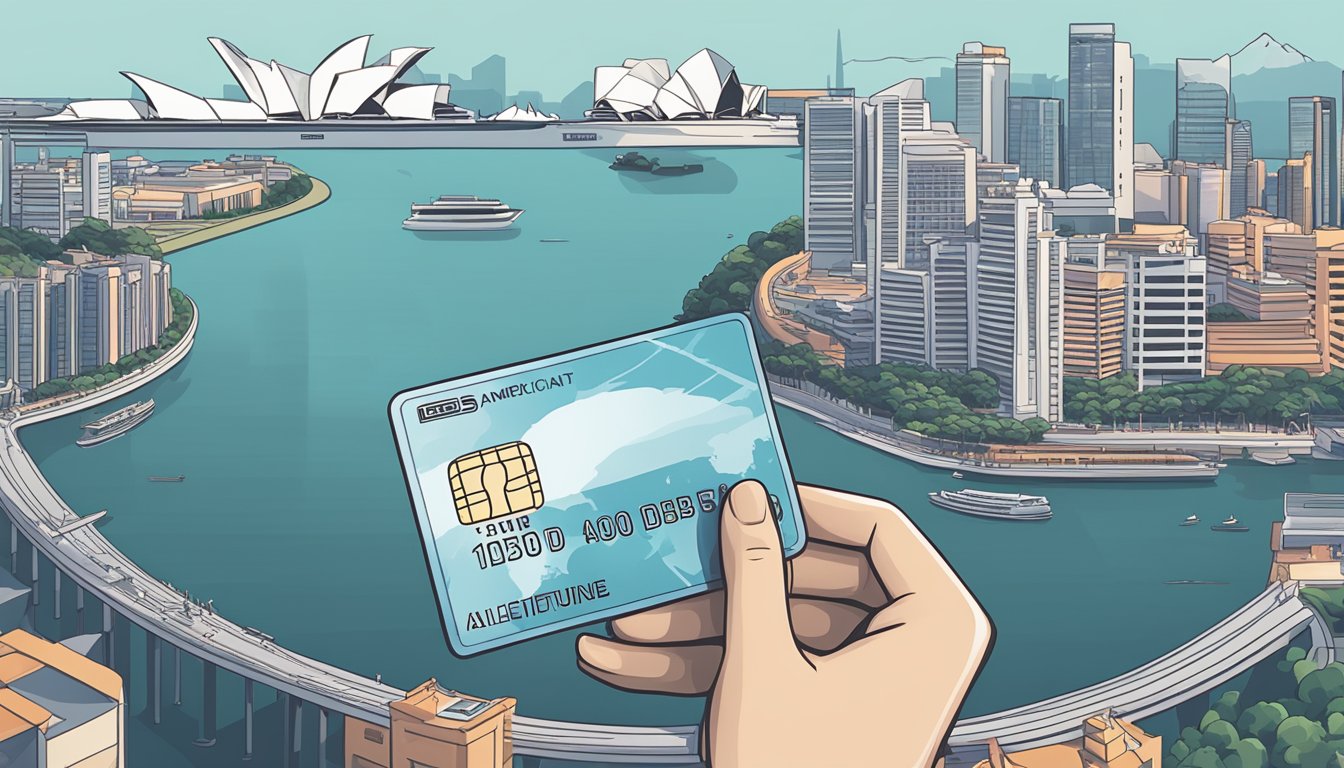 A hand holding a DBS Altitude American Express card, with a laptop and passport nearby, against a backdrop of iconic Singapore landmarks