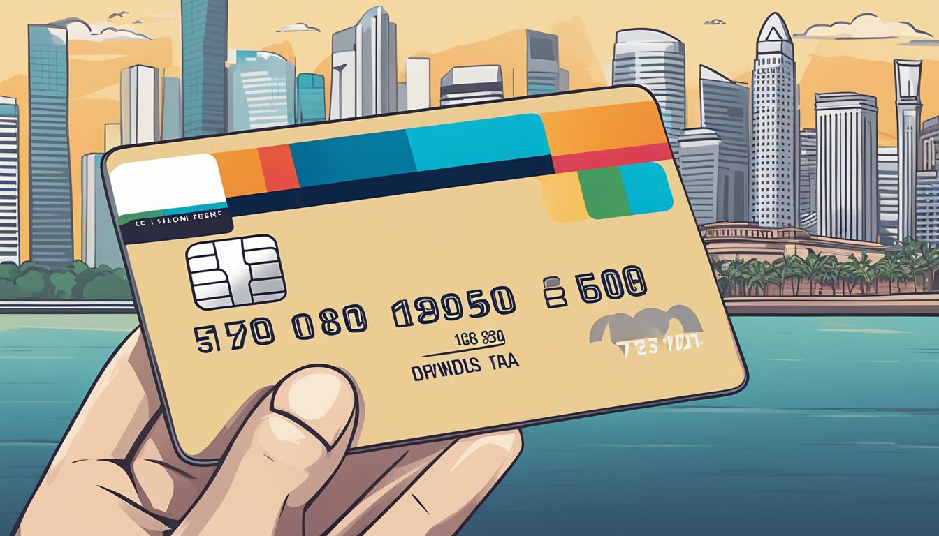 A hand holds the DBS Altitude American Express card against a Singapore skyline backdrop with iconic landmarks