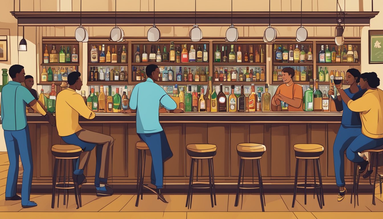 A bustling bar with diverse patrons enjoying drinks from various cultural alcohol brands, showcasing the social aspects and cultural significance of alcohol consumption