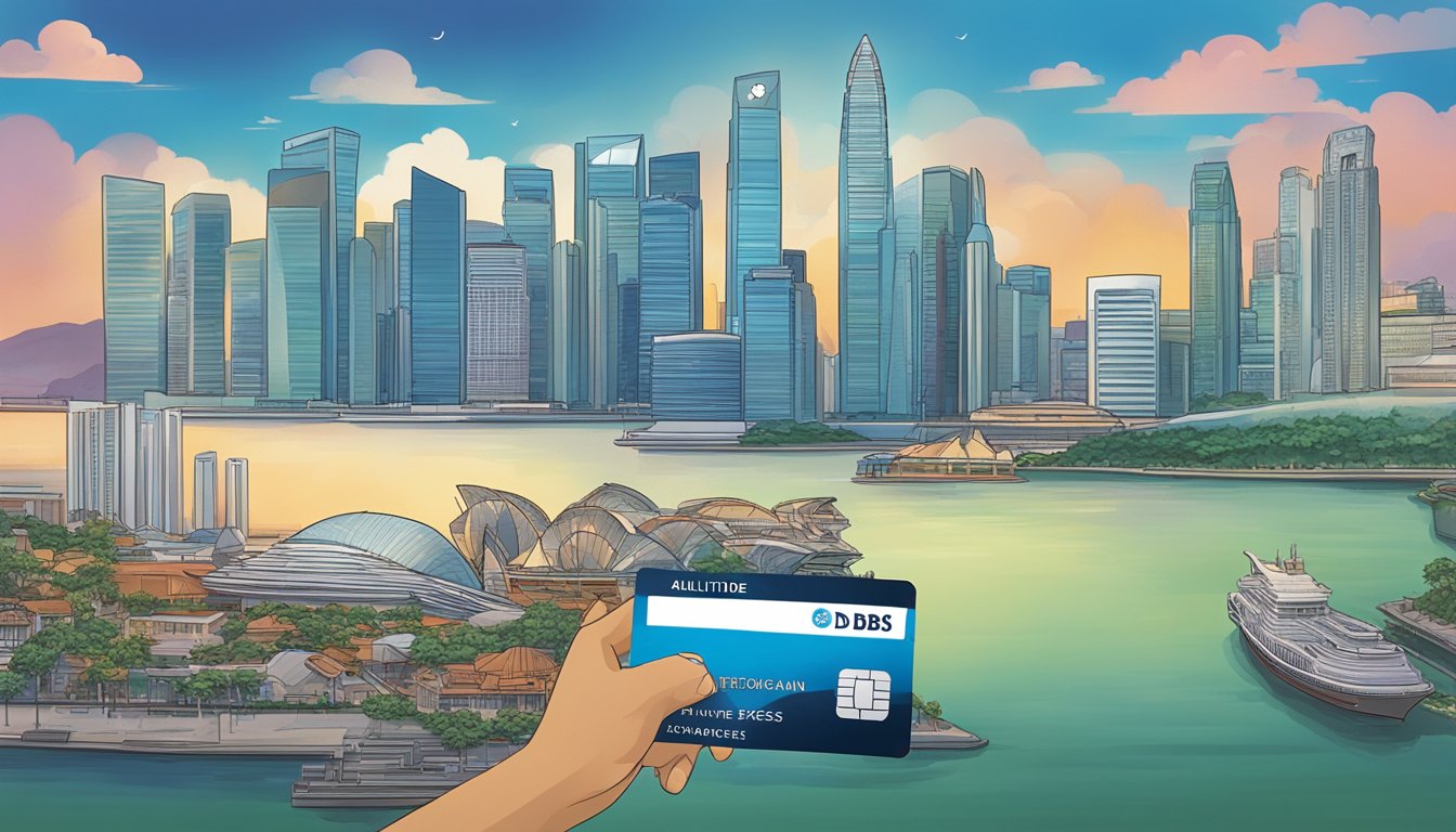 A DBS Altitude American Express card against a Singaporean skyline with prominent landmarks