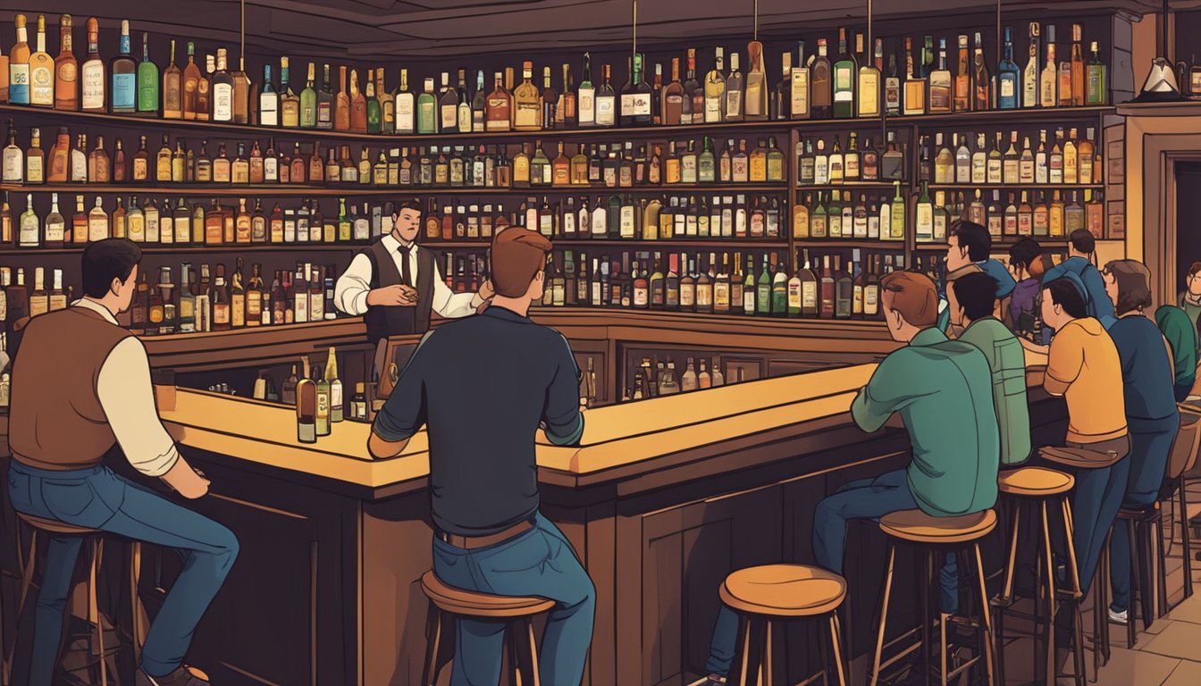 A crowded bar with shelves of various alcohol brands displayed prominently. Customers and bartenders interact in the lively atmosphere