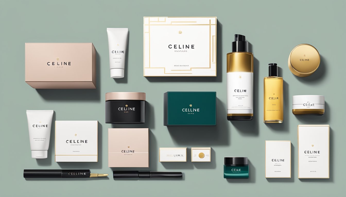 A table with Celine brand products arranged neatly, surrounded by elegant packaging and a sophisticated color palette