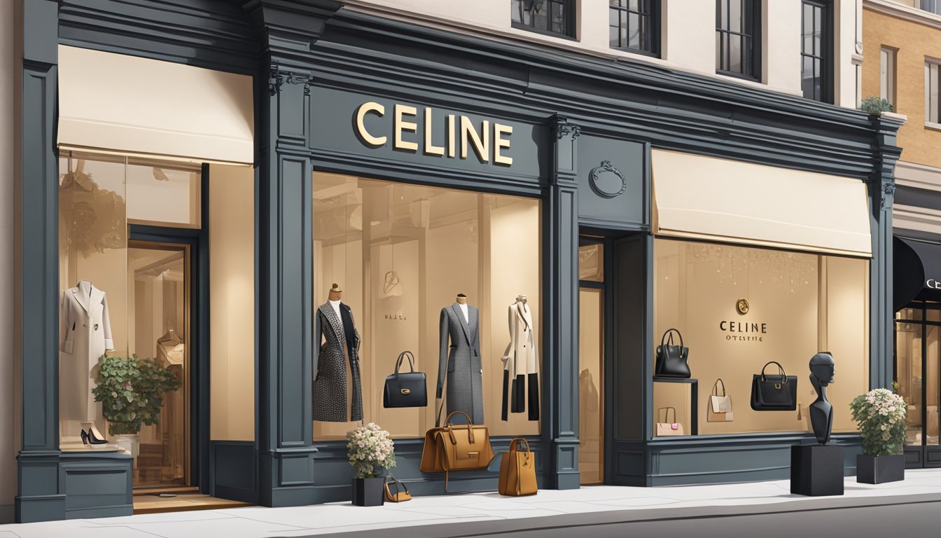A vintage Celine storefront with classic logo, iconic handbags, and timeless fashion pieces on display